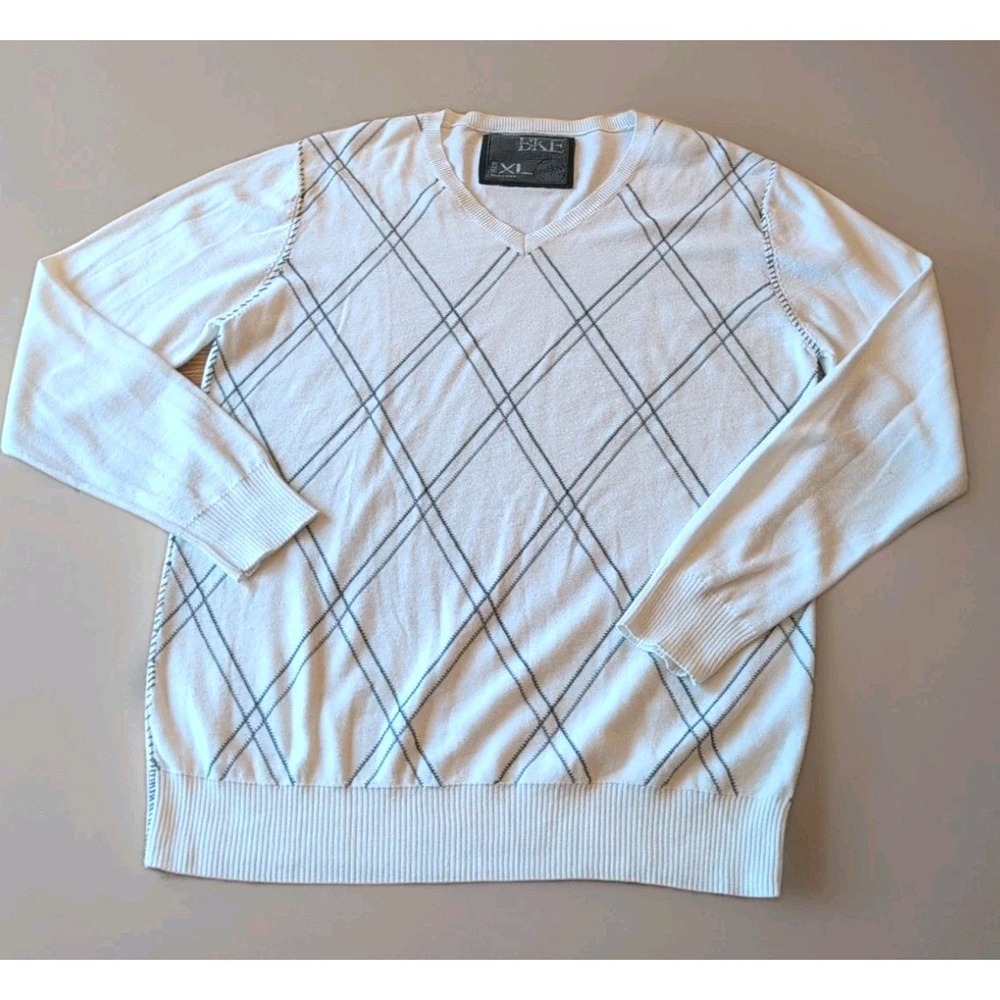 BKE Buckle Sweater Men's XL White Gray Long Sleeve V-Neck Stretch‎ Top Hipster